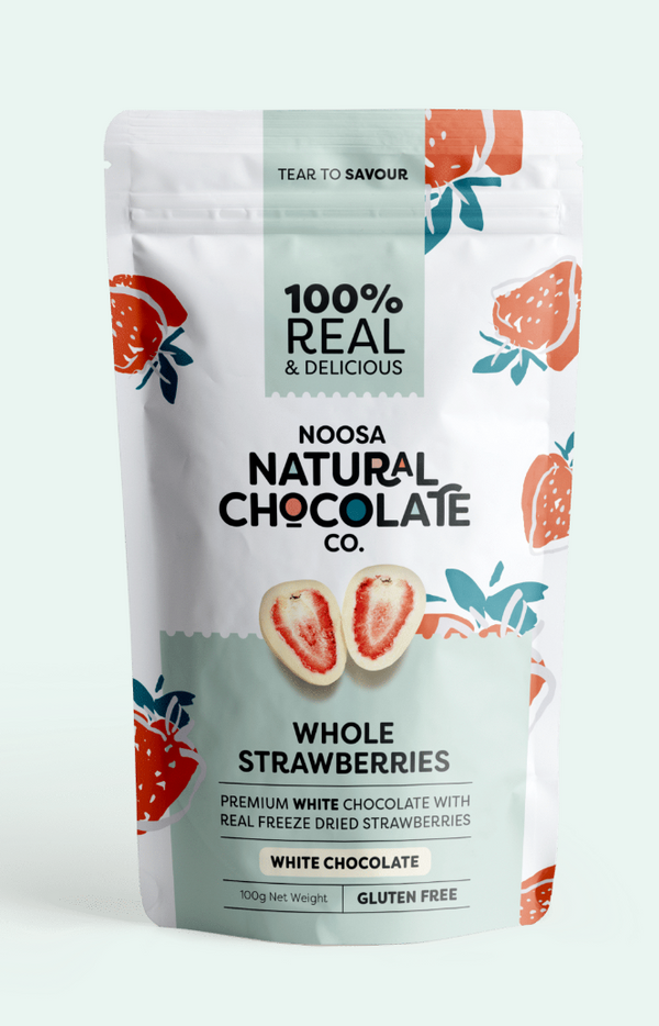 Noosa Natural Chocolate Co. Australian Grown Strawberries Coated in Premium White Chocolate 100g