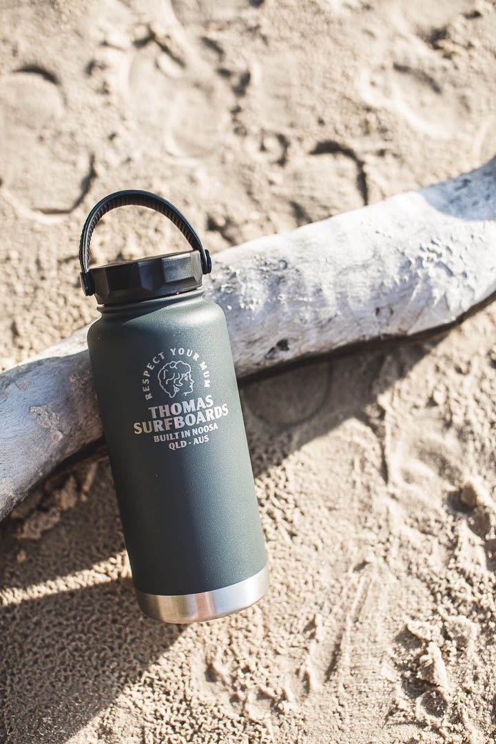 Thomas Pargo Water Bottle - Respect Your Mum (Charcoal) by Thomas Surfboards | Noosa Gift Co.